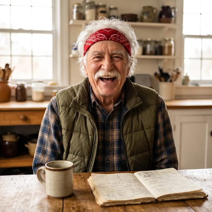 Walt laughing at his kitchen table with a mug of coffee and his old notebook