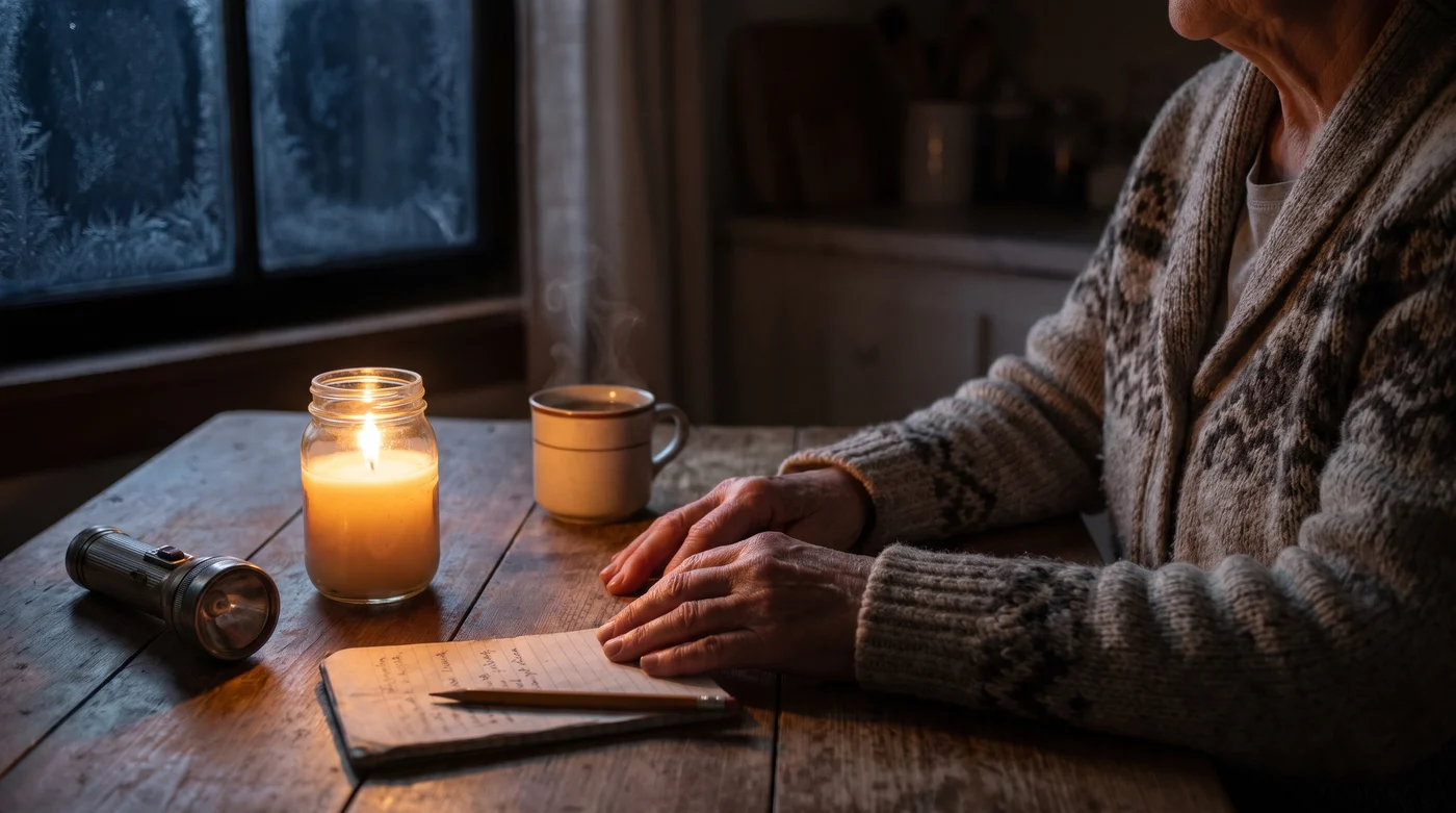 Hands resting on a kitchen table beside a candle, a flashlight and a handwritten checklist on a winter night without power
