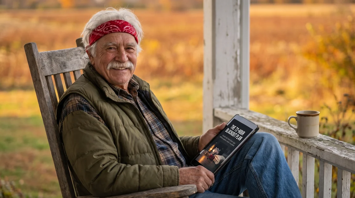 Walt, an older prepper, smiling in a rocking chair on his farmhouse porch with an e‑book on his tablet