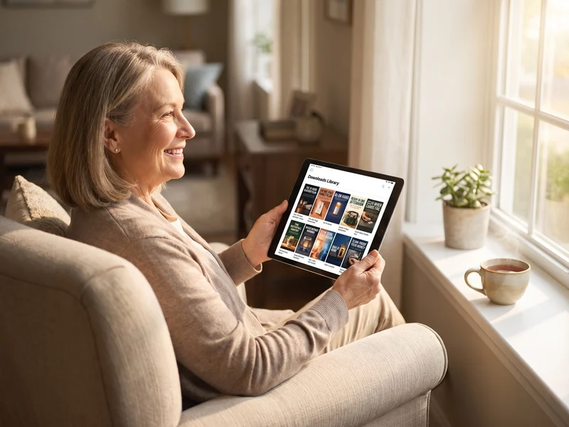 A woman by the window looking through her ten new e-books on a tablet