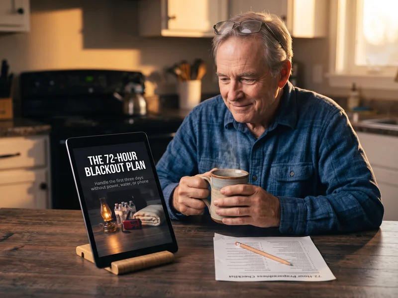 A man at his kitchen table at sunrise reading The 72-Hour Blackout Plan beside a printed checklist